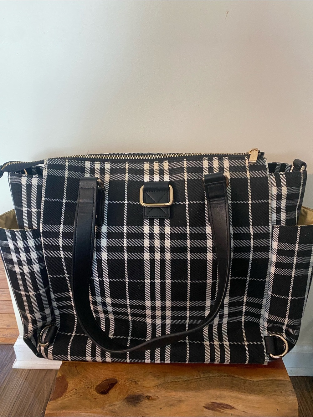 White Elm Gemini convertible backpack tote black and white tartan plaid. Travel - Picture 2 of 9